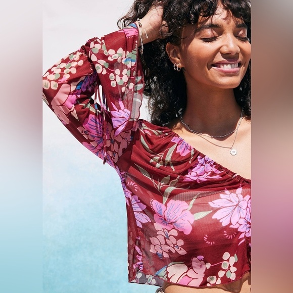 Free People Red Floral Print of Paradise Mesh Tie Front Crop Top Bell Sleeve - Picture 2 of 12